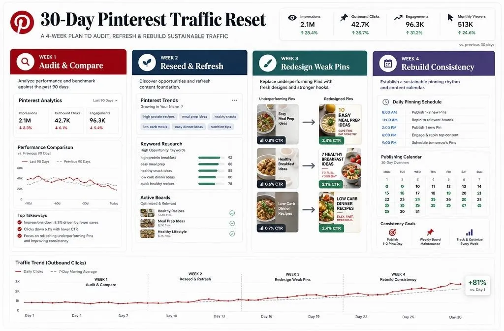 30-day Pinterest traffic reset showing analytics auditing, content refresh, pin redesign, and consistent publishing