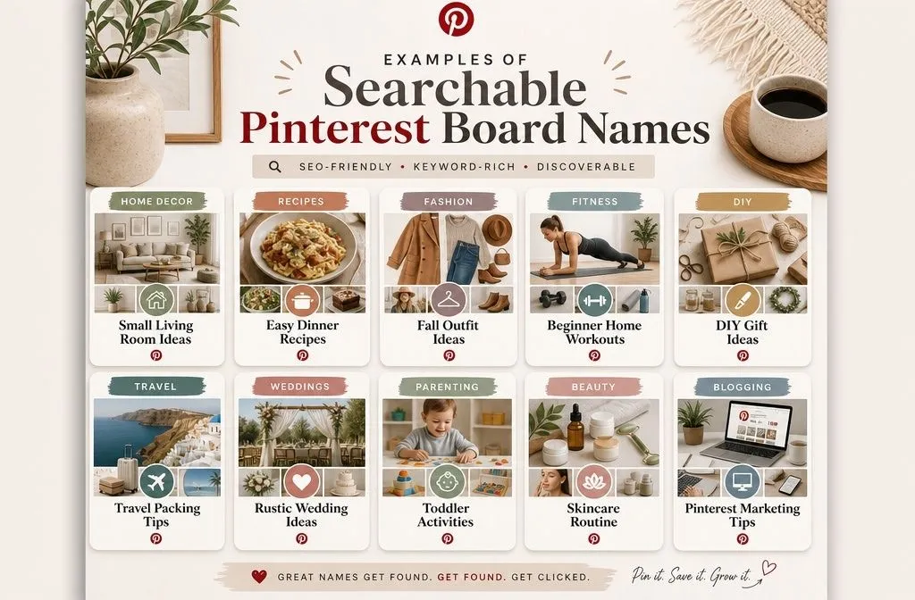 Pinterest board name ideas across popular content niches