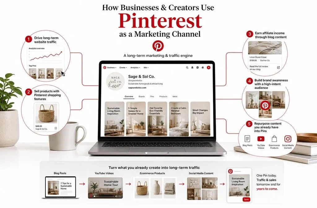 How businesses and creators use Pinterest for website traffic, ecommerce, affiliate marketing, brand awareness, and content repurposing
