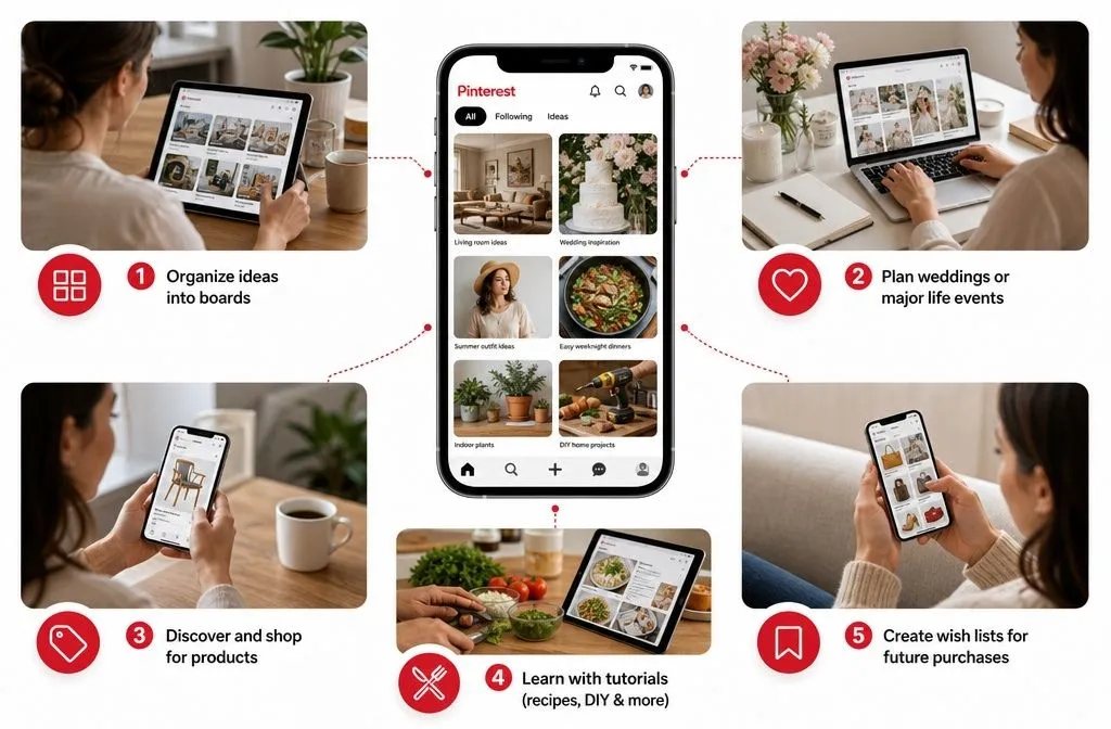 What Pinterest is used for including discovering ideas, planning projects, shopping, and driving website traffic