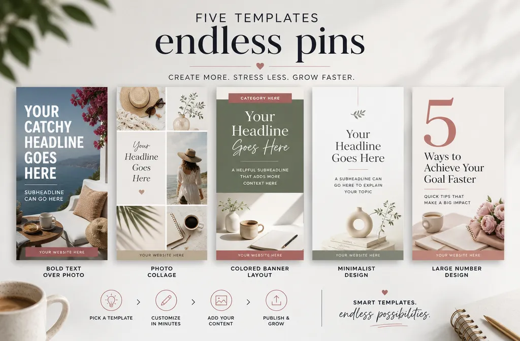 Five different Pinterest pin templates for creating fresh pins
