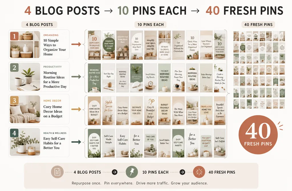 Four blog posts producing 40 fresh Pinterest pins