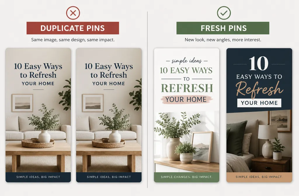 Comparison of a fresh Pinterest pin and a duplicate pin using the same image