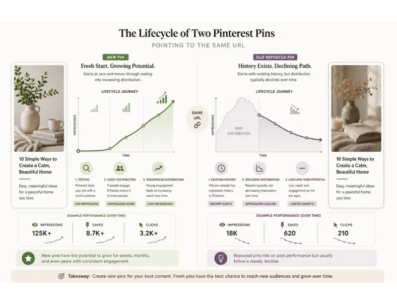 Comparison of a fresh Pinterest pin and a reposted pin distribution