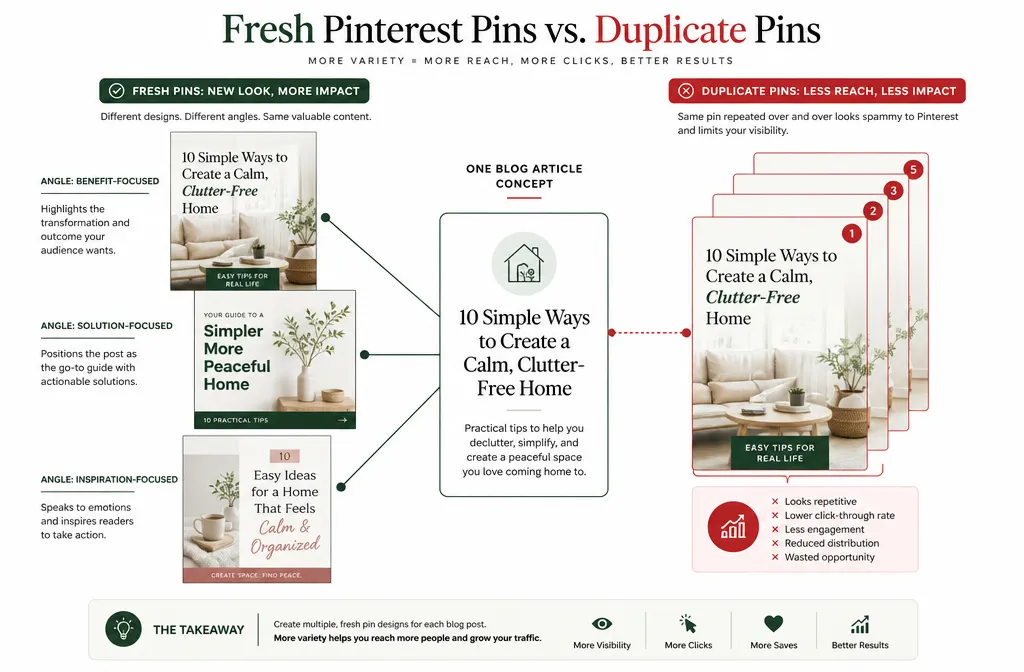 Different fresh Pinterest pin designs compared with duplicate pin graphics