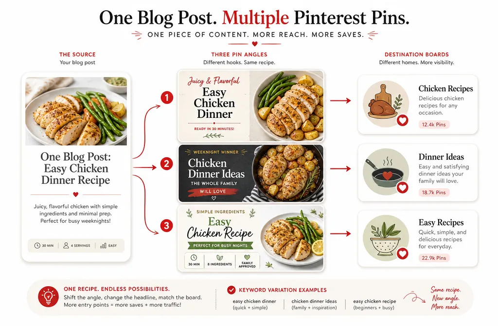 One blog post turned into multiple Pinterest pins targeting different boards and keywords
