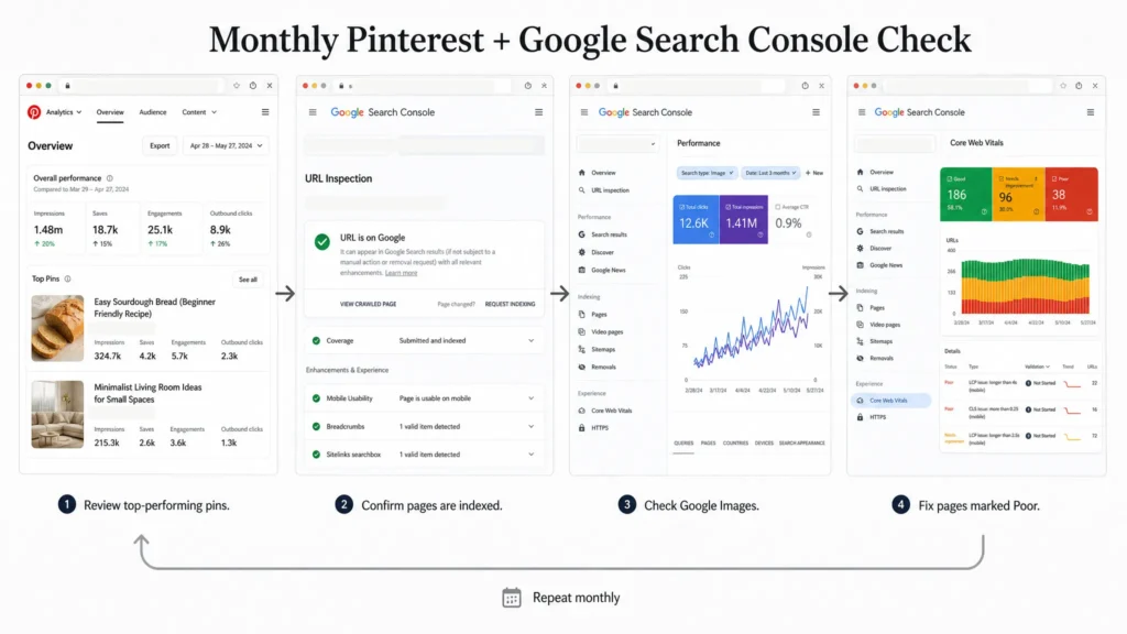 Monthly Workflow from Pinterest Analytics to URL Inspection, to Search Console, to Core Web Vitals