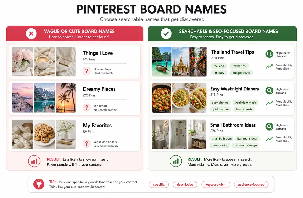 Comparison of searchable Pinterest board names versus vague cute board names