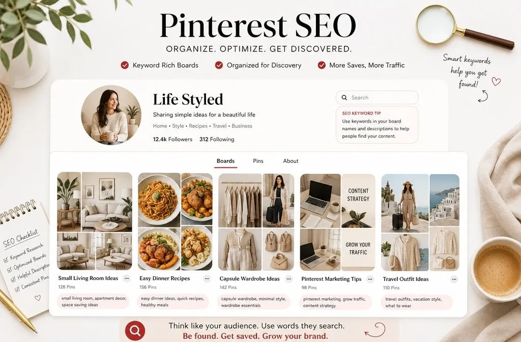 Pinterest board names organized around searchable SEO topics