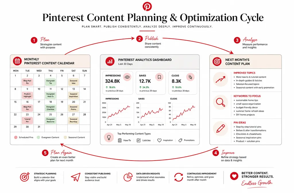 Pinterest content calendar connected to monthly analytics for improving pins, keywords, and publishing strategy