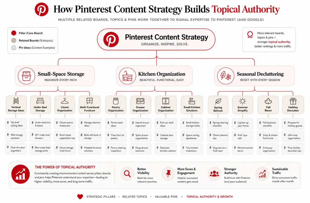 Pinterest content pillars organized into topics, subtopics, and related pin ideas for content planning