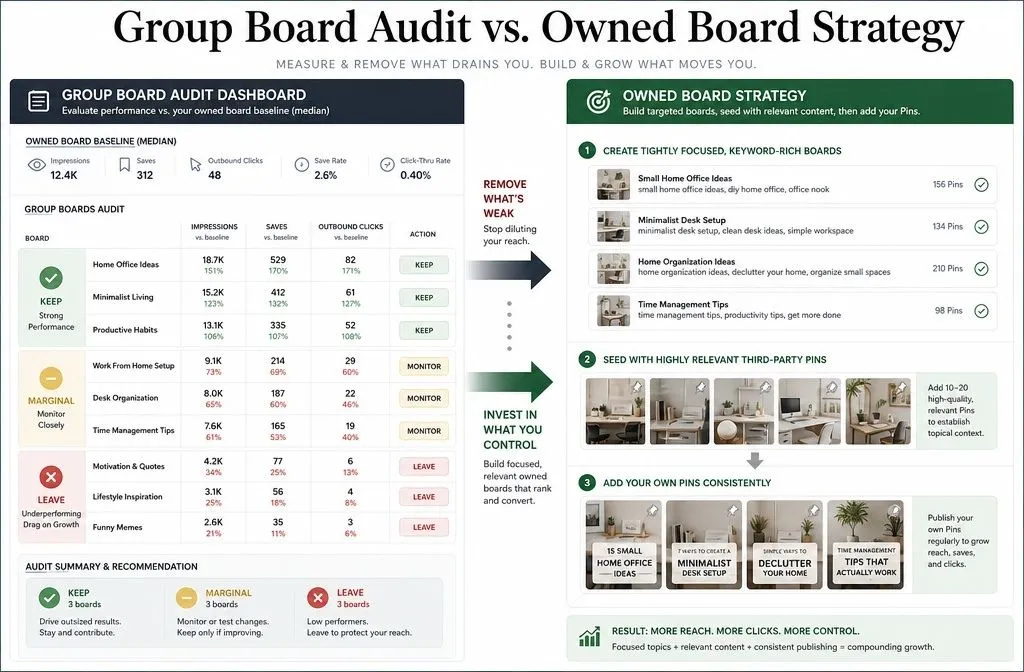 Pinterest group board audit compared with a strategy using focused owned boards