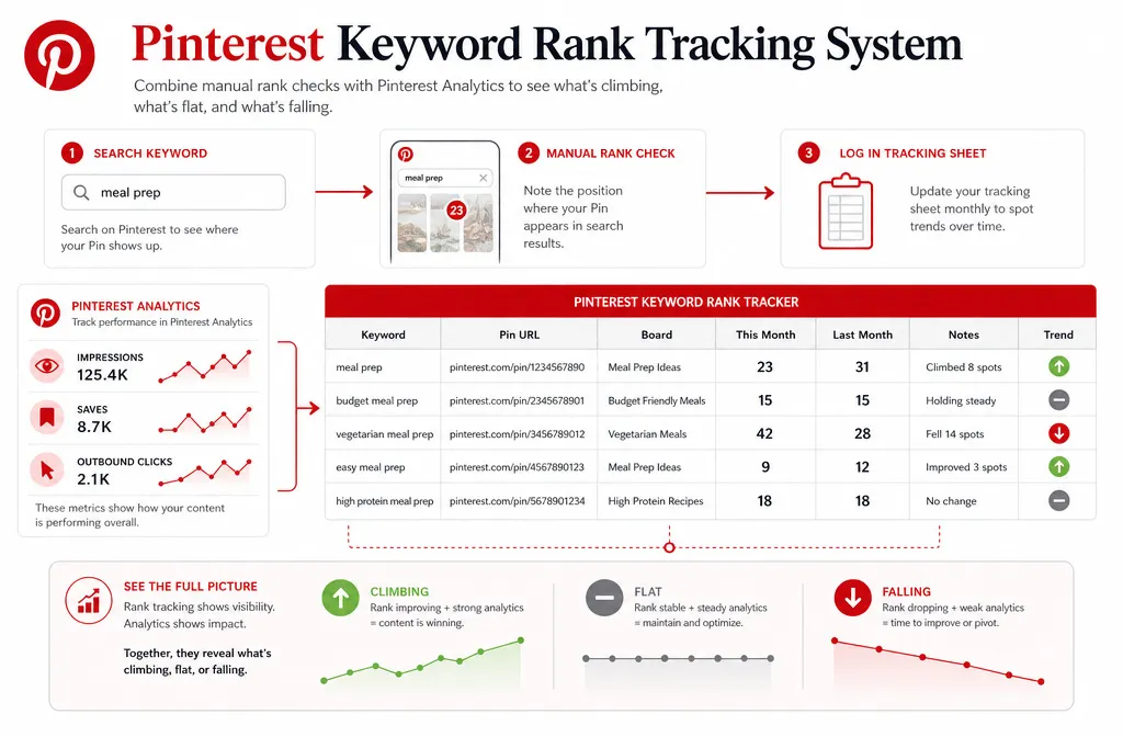 Pinterest keyword rank tracking spreadsheet comparing keyword positions, pins, boards, and monthly performance metrics