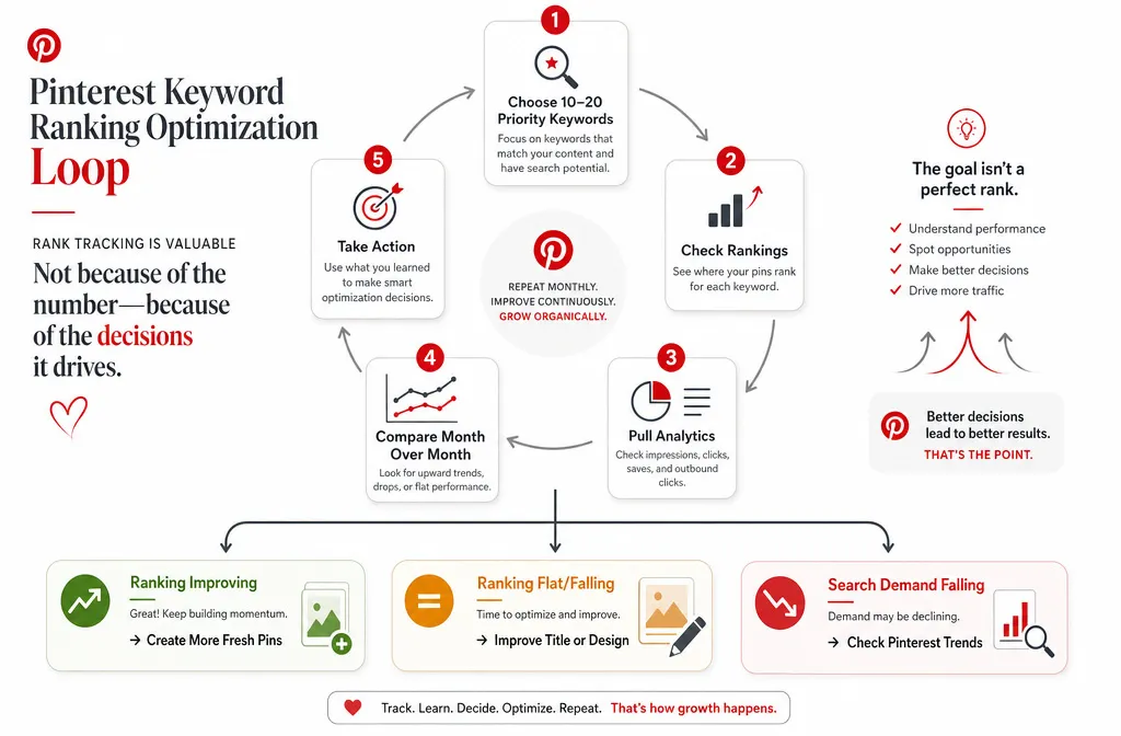 Monthly Pinterest keyword ranking workflow showing how rankings, analytics, and trends guide optimization decisions