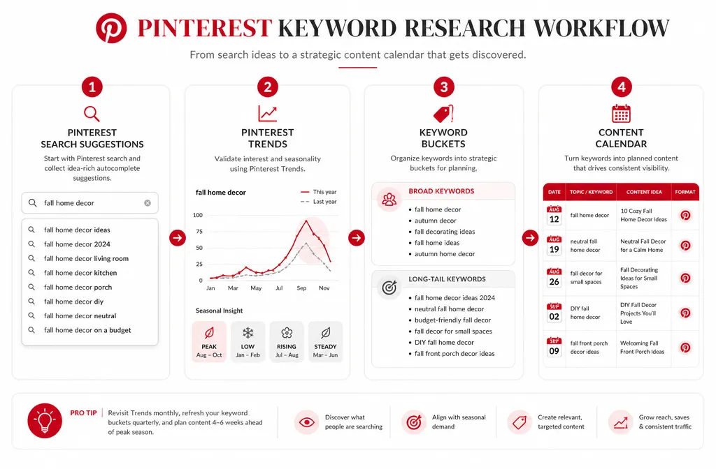 Pinterest keyword research workflow using search suggestions, trends, long-tail keywords, and content planning