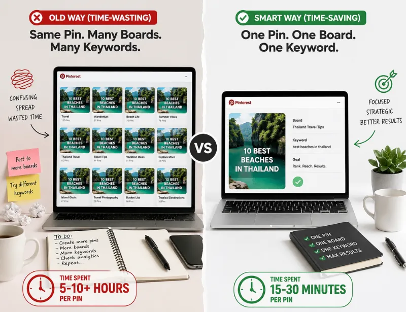 Two Pinterest workflows compared, one repeating the same pin across boards and one publishing a single targeted pin.