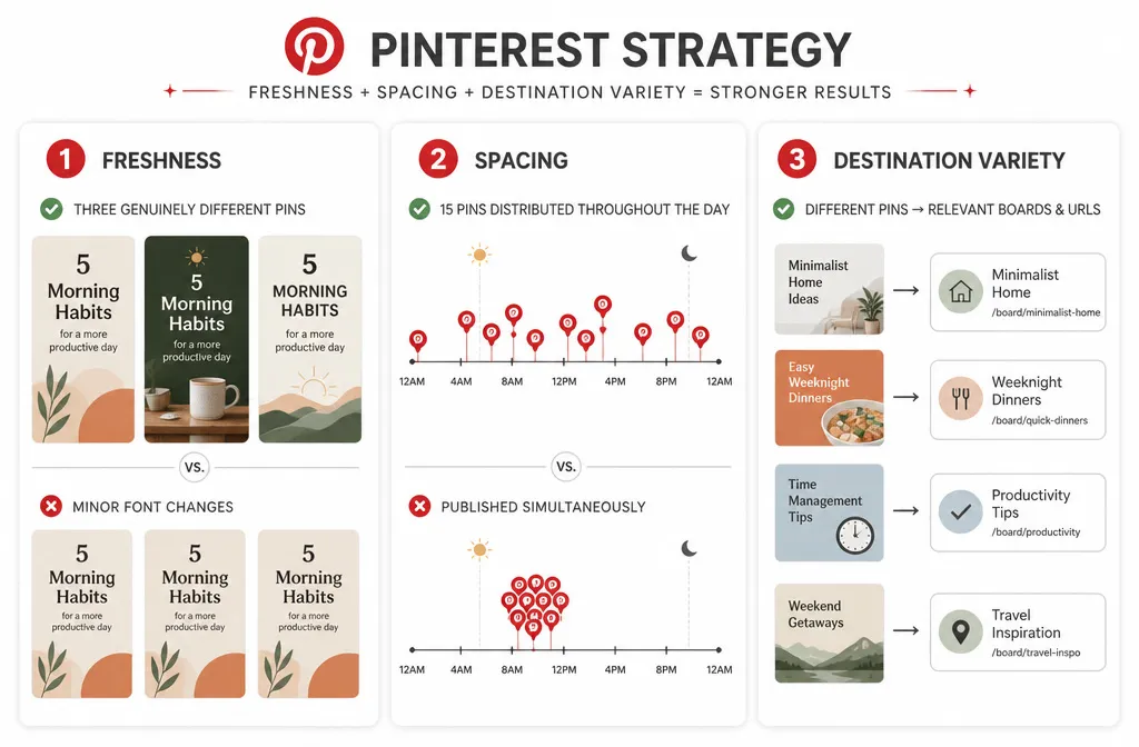 Pinterest pin freshness, spacing, and destination variety strategy for sustainable publishing.