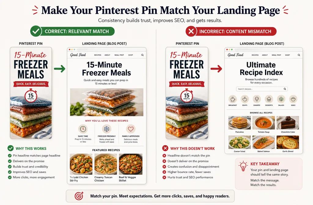Pinterest pin and landing page content match versus a mismatched landing page