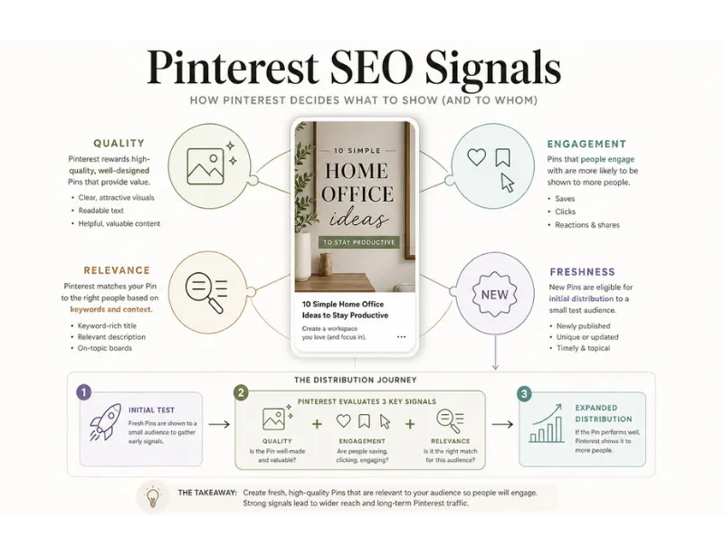 Pinterest pin distribution signals including quality engagement relevance and freshness