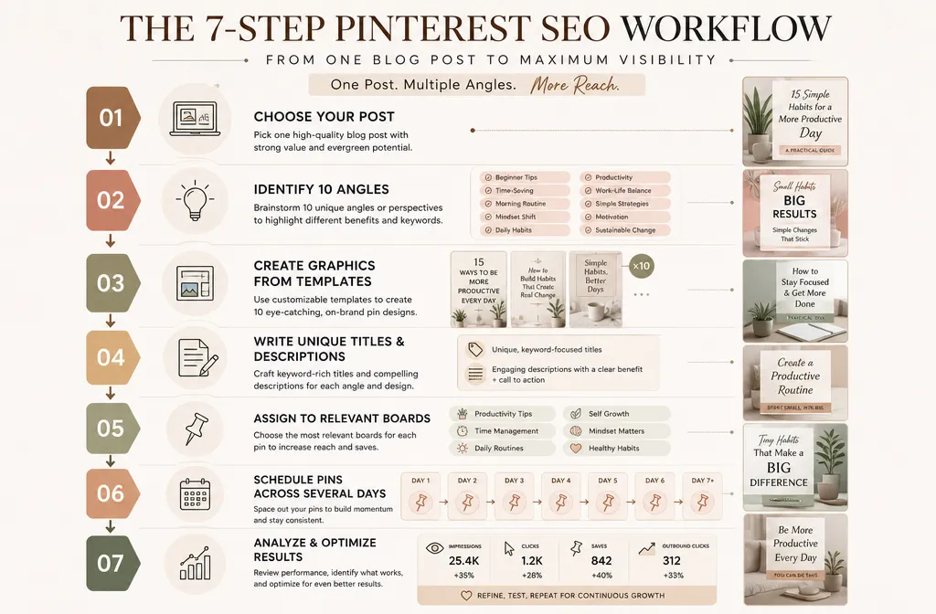 Workflow for turning one blog post into 10 Pinterest pins