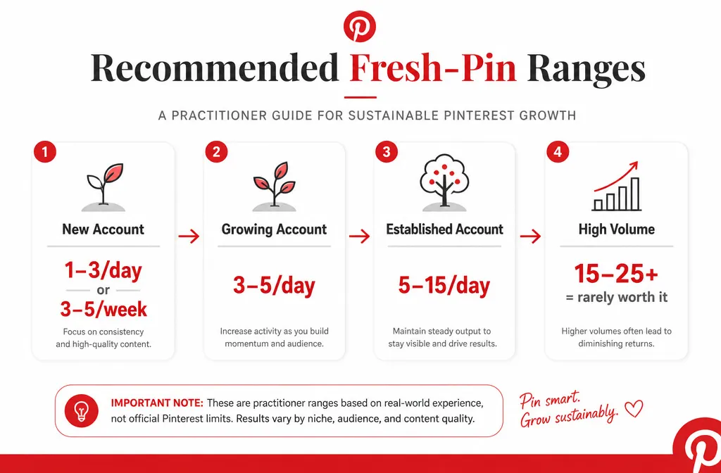 Pinterest pinning frequency ranges by account stage from new accounts to established high-volume accounts