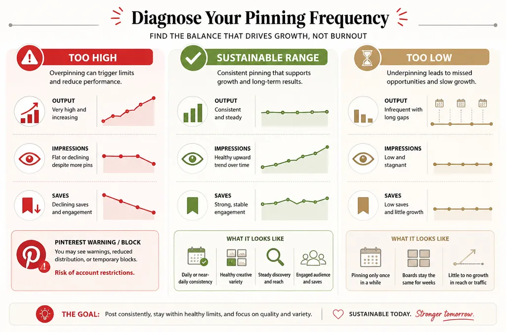 Pinterest pinning frequency diagnosis showing signs of publishing too much, too little, or at a sustainable pace