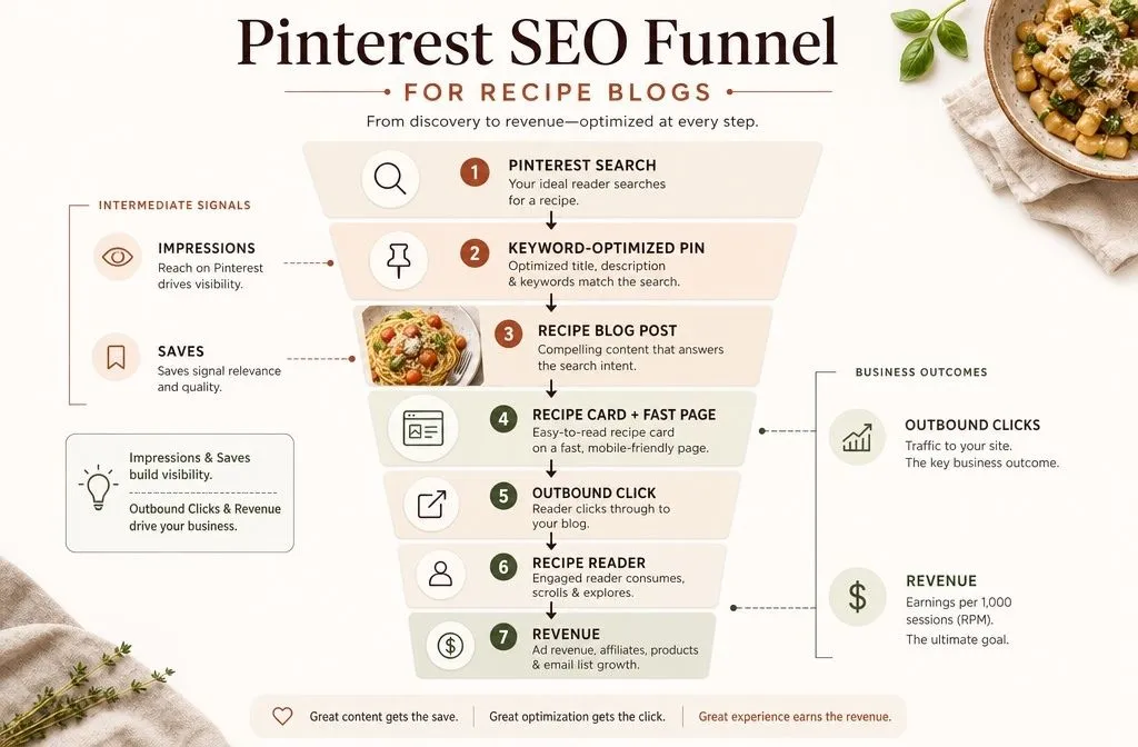 Pinterest recipe SEO funnel showing how optimized pins turn searches into blog traffic and revenue