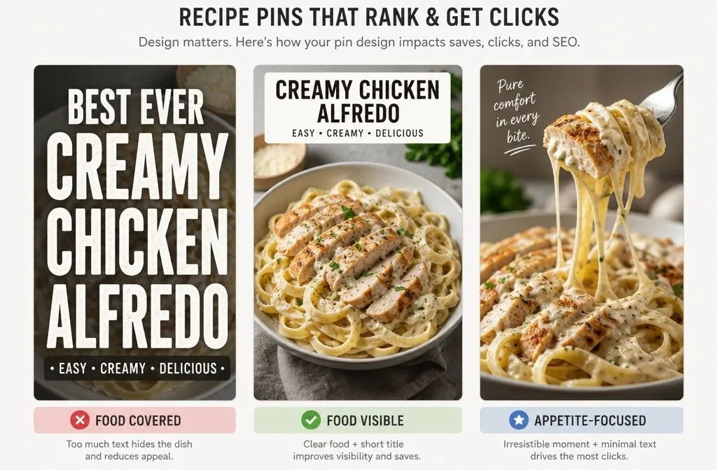 Comparison of Pinterest recipe pin designs showing food clearly visible with minimal text overlay