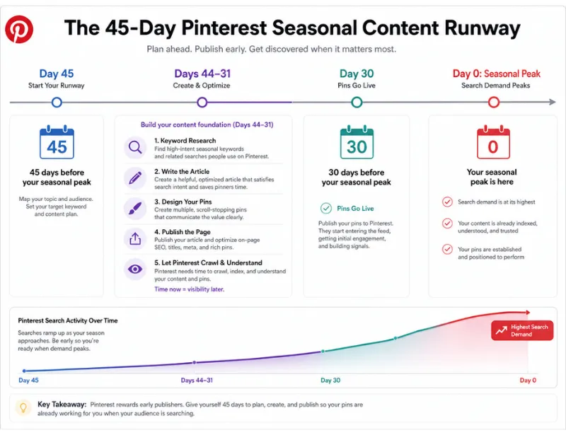 45-day Pinterest seasonal content runway from keyword research to seasonal peak