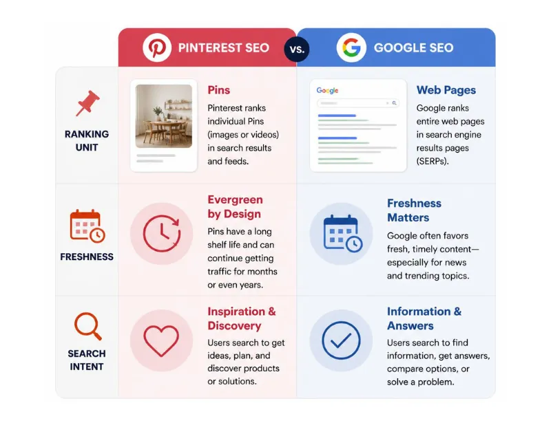 Side-by-side comparison of Pinterest SEO and Google SEO ranking factors.
