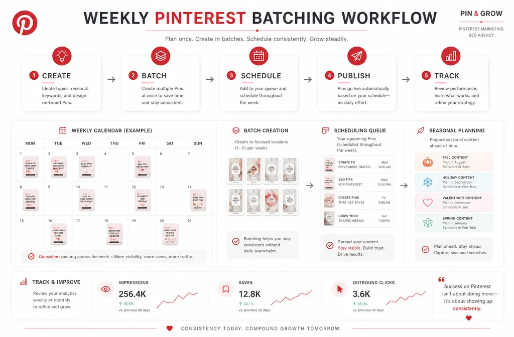 Weekly Pinterest pinning workflow showing batching, scheduling, seasonal planning, and performance tracking