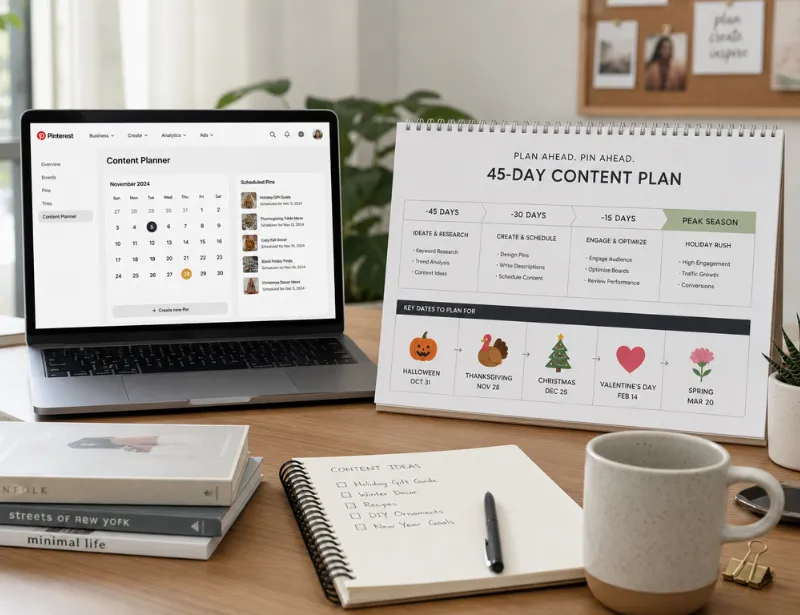 Seasonal Pinterest marketing calendar showing a 45-day content planning strategy