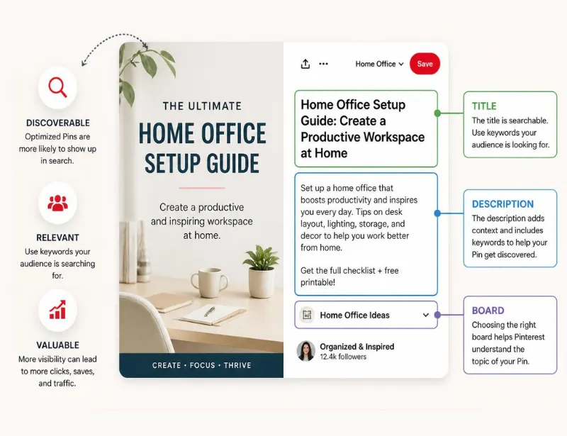 Diagram labeling the title, description, and board fields on a Pinterest pin.