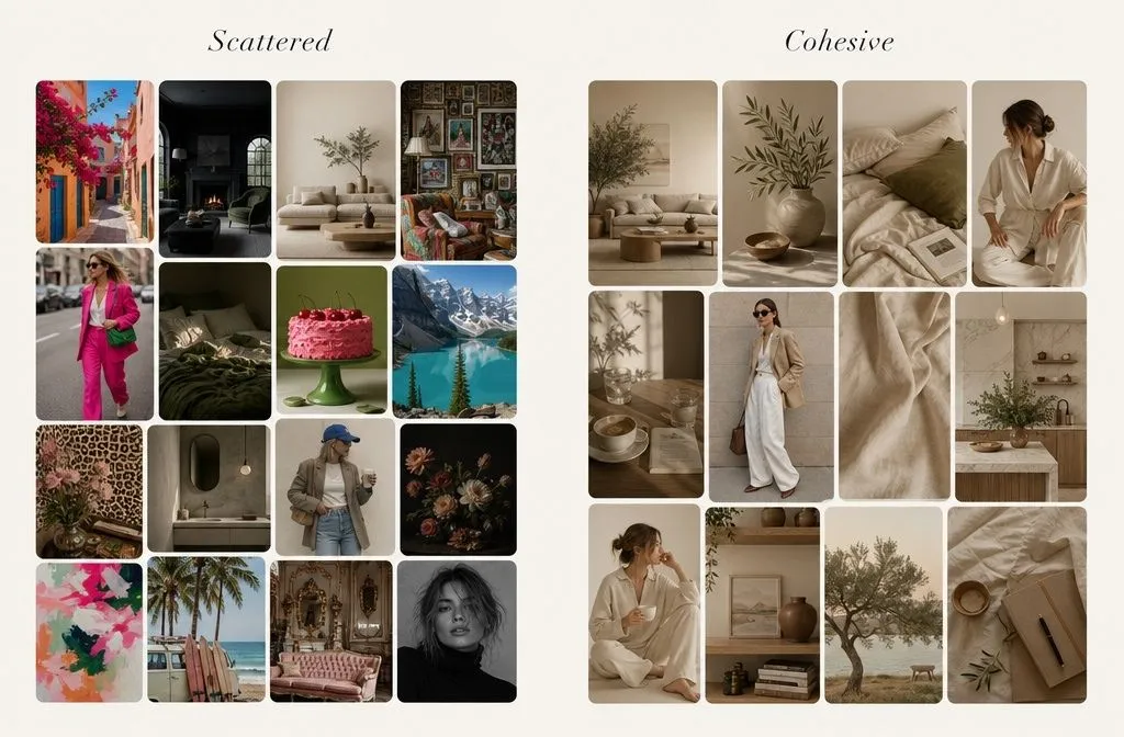 Comparison of scattered and cohesive aesthetic Pinterest boards