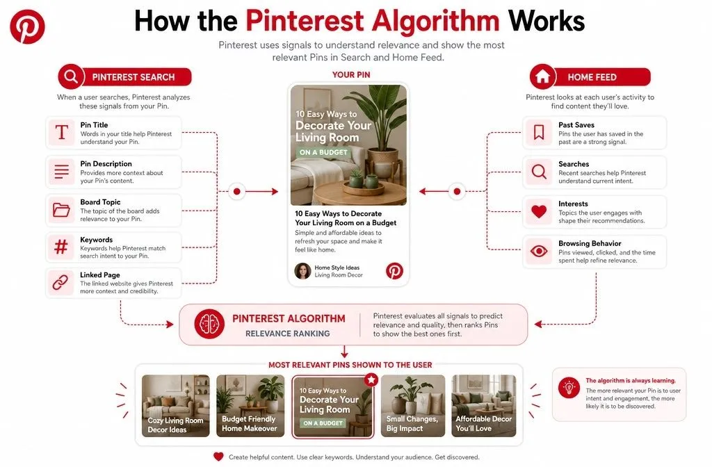 How the Pinterest algorithm ranks Pins for search results and the home feed based on relevance and user intent