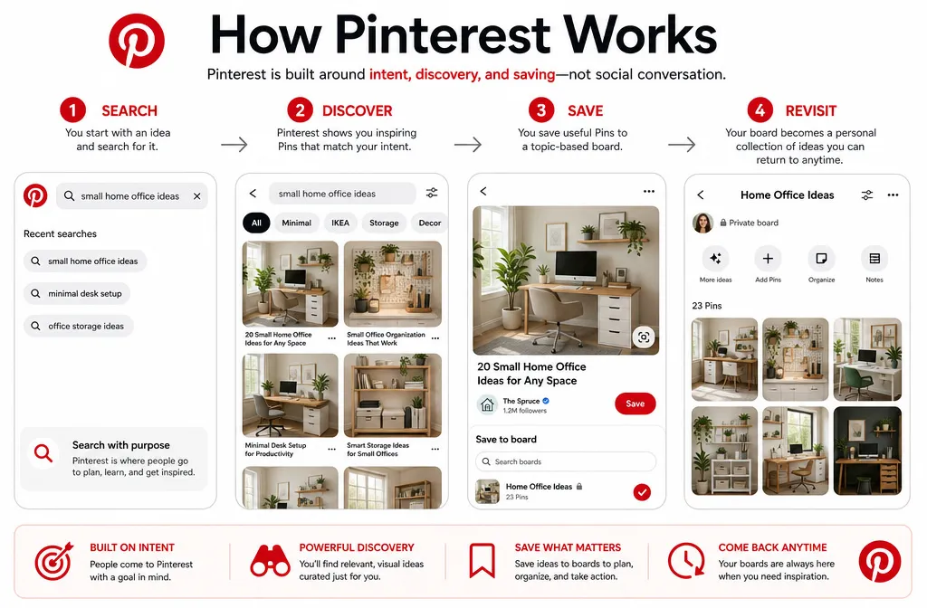 How Pinterest works through searching for ideas, discovering Pins, saving them to boards, and revisiting them later.