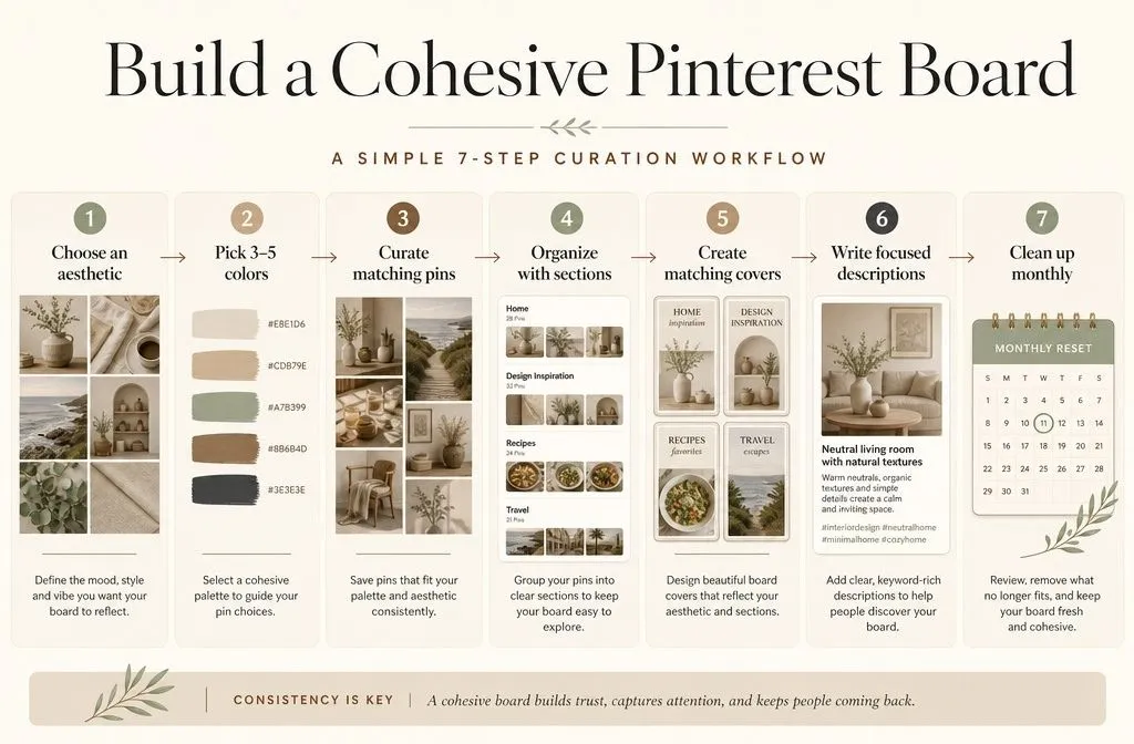 Seven-step process for creating and maintaining aesthetic Pinterest boards