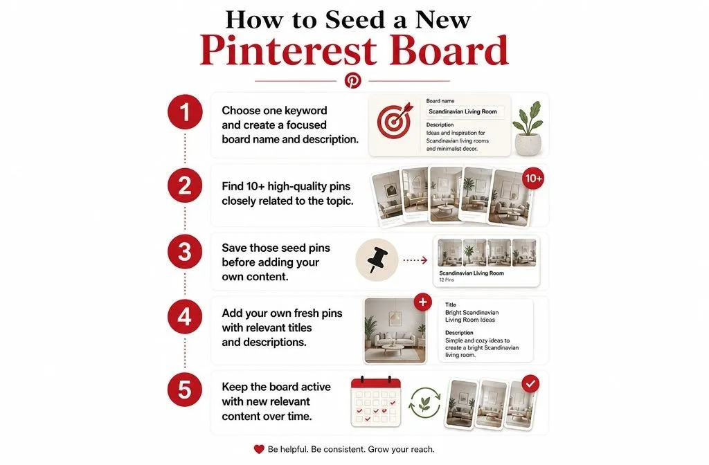Five steps showing how to seed a new Pinterest board with relevant pin