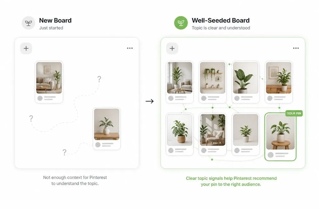 Example of how to seed a new Pinterest board with relevant topic-focused pins