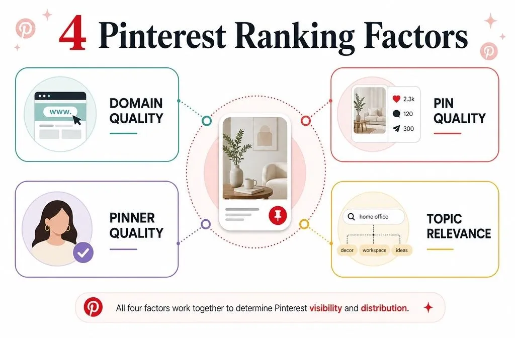 Four Pinterest algorithm ranking factors: domain quality, pin quality, pinner quality, and topic relevance