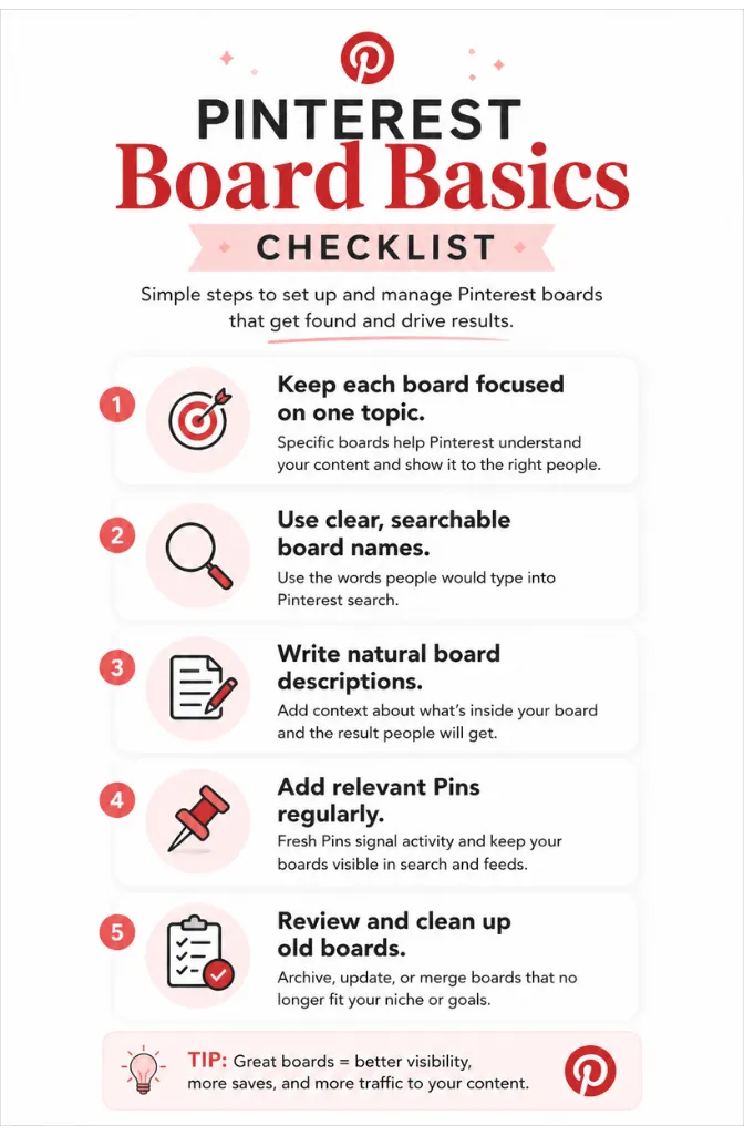 Pinterest board basics checklist for setting up and managing boards