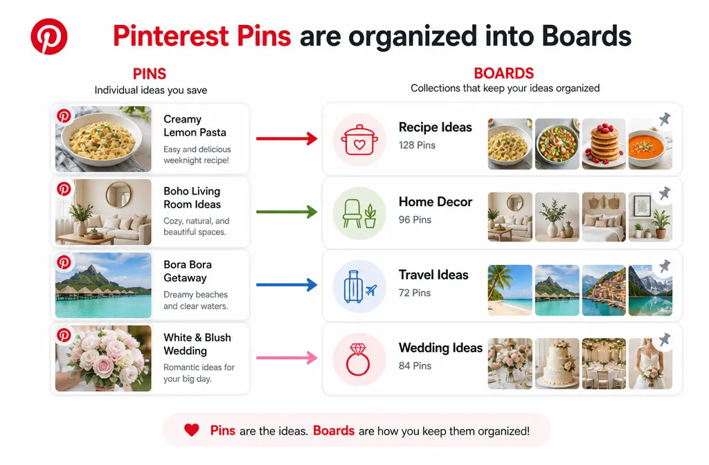 Pinterest board basics showing how Pins are organized into topic based boards