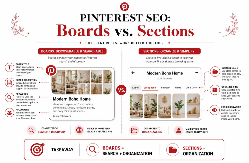 Pinterest board sections SEO graphic comparing searchable boards with sections used to organize Pins