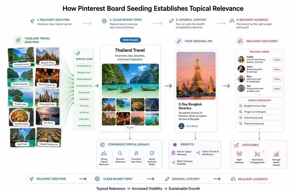 How Pinterest board seeding builds topical relevance before adding your own pins