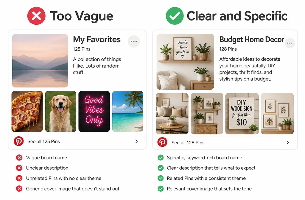 Pinterest board SEO example comparing vague and clear board names and descriptions
