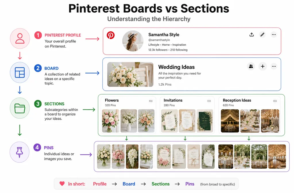 Pinterest boards vs sections showing how sections organize Pins within a board