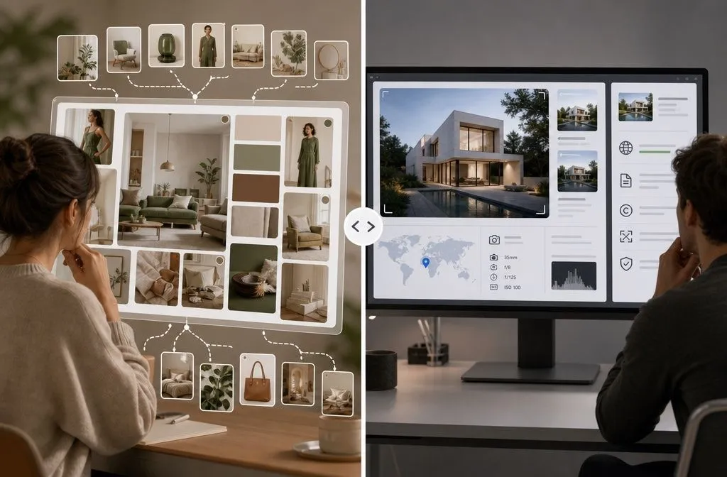 Differences between Pinterest and Google Images for inspiration, sourcing, licensing, and visual search