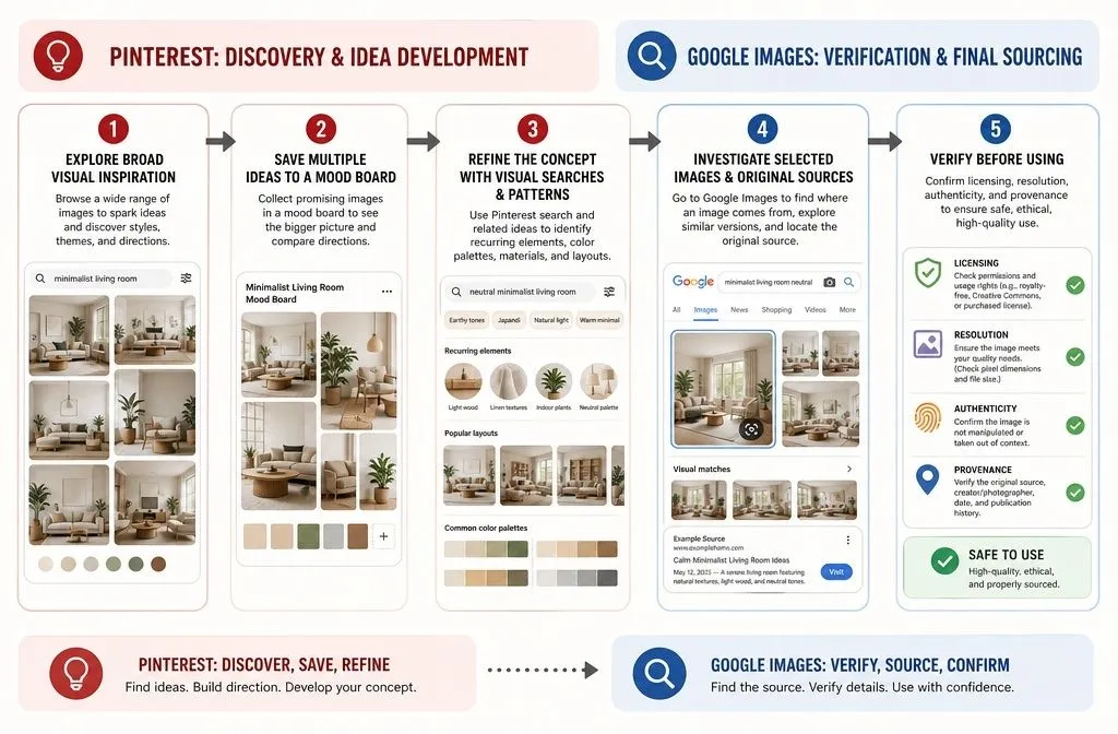 Pinterest vs Google Images workflow for finding ideas, verifying sources, and checking image licensing