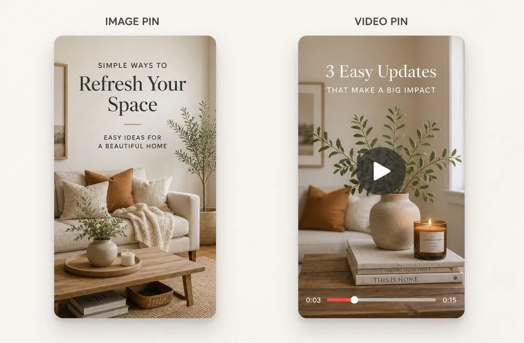 Pinterest image pin compared with a vertical video pin