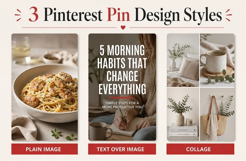 Pinterest pin design styles showing plain image, text overlay, and collage pins